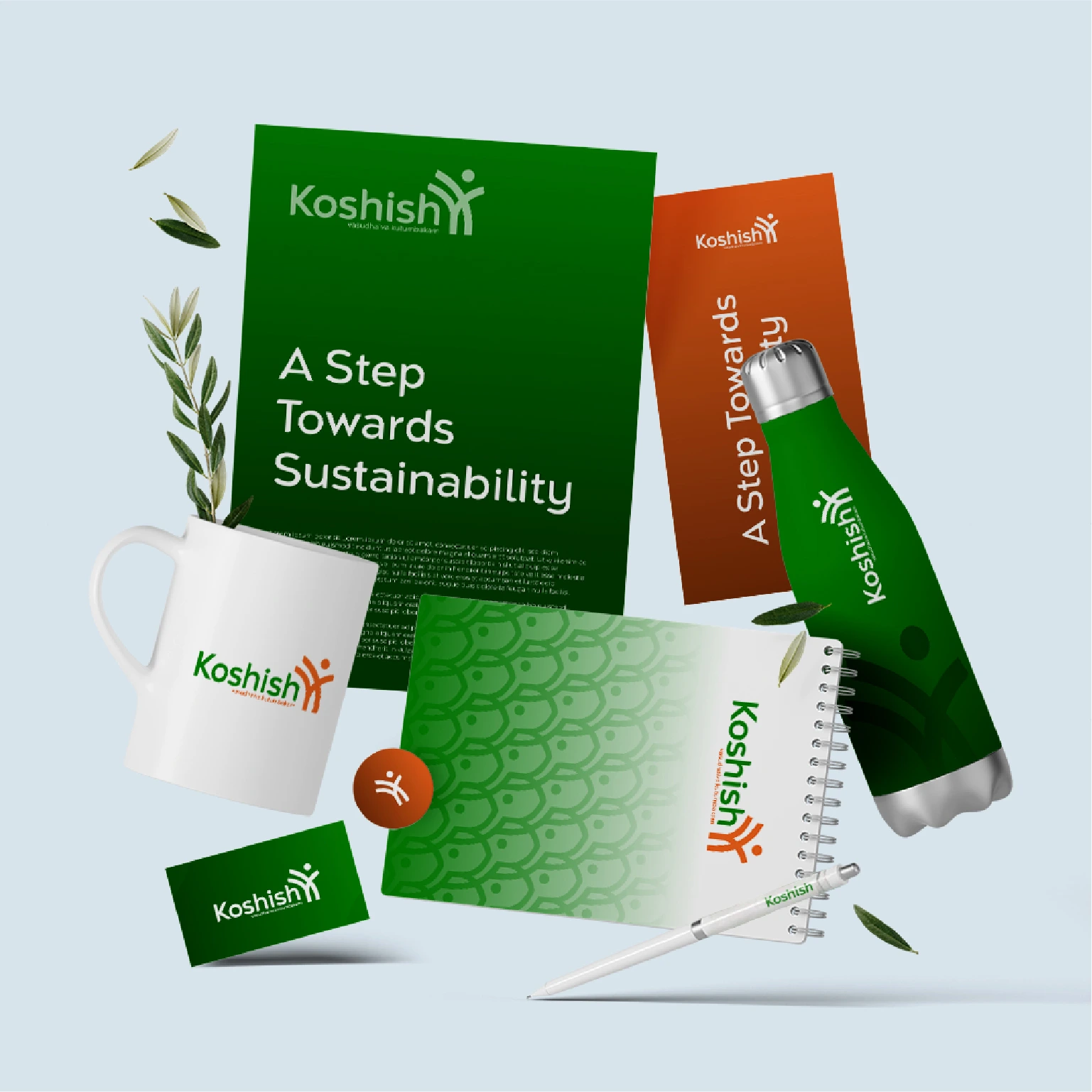 Brand guidelines applied across stationery and merchandise showing consistent logo usage, colors, and brand identity elements